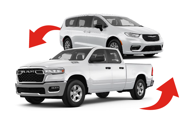 White RAM 1500 pickup truck in the foreground and white Chrysler Pacifica minivan in the background with red arrows indicating an upgrade or trade-in.