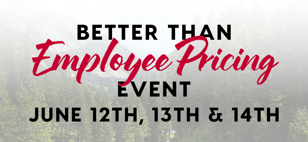 Banner for Steinbach Dodge’s “Better Than Employee Pricing Event” on June 12th, 13th, and 14th, with a forest and mountain background.