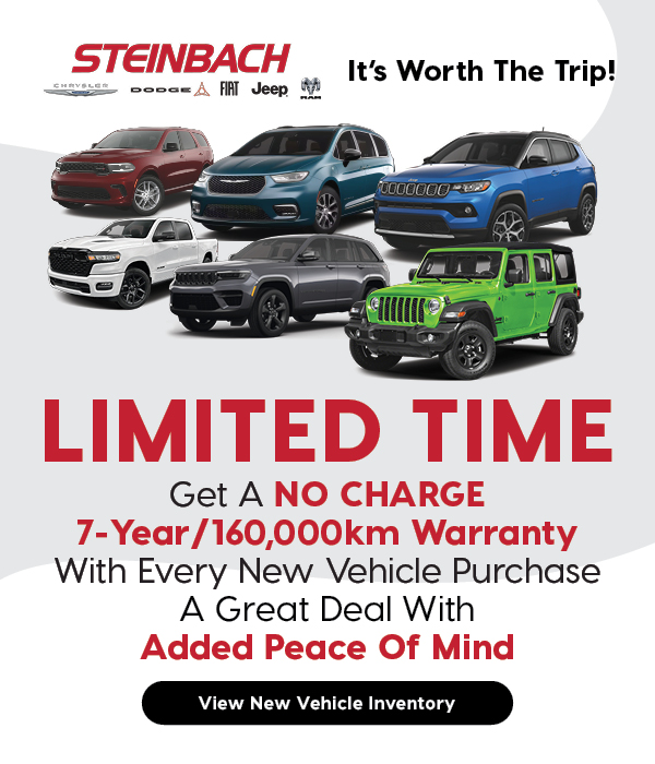 Promotional graphic from Steinbach Chrysler Dodge Jeep Ram featuring a lineup of seven vehicles and bold red text announcing a limited-time offer: “NO CHARGE 7-Year/160,000km Warranty with Every New Vehicle Purchase.” Includes the tagline “Added Peace of Mind” and a button reading “View New Vehicle Inventory.