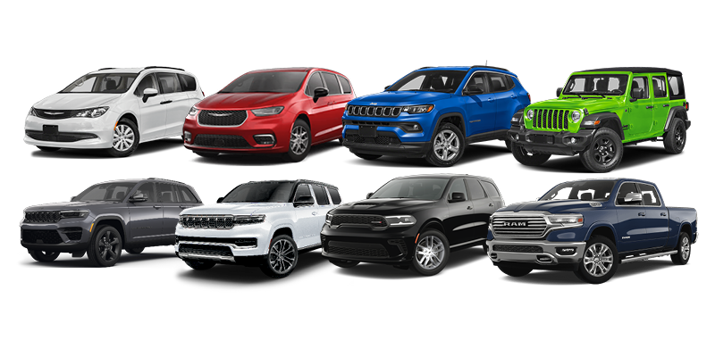 A lineup of eight vehicles is displayed on a white background. The top row shows a white minivan, a red minivan, a blue SUV, and a bright green Jeep Wrangler. The bottom row features a dark grey SUV, a white SUV, a black SUV, and a dark blue pickup truck. All vehicles are shown at a three-quarter front angle with soft shadows beneath them.