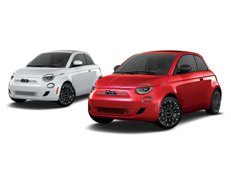 Two Fiat 500 electric vehicles are shown on a white background. The vehicle on the left is white, and the one on the right is red. Both are displayed at a three-quarter front angle, featuring rounded headlights, compact bodies, and black multi-spoke wheels. Soft shadows appear beneath each vehicle.