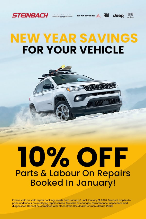 Promotional graphic showing a silver Jeep Compass driving through snow with roof-mounted skis, advertising New Year service savings with 10% off parts and labour on repair bookings made in January at Steinbach Chrysler Dodge Jeep Ram.