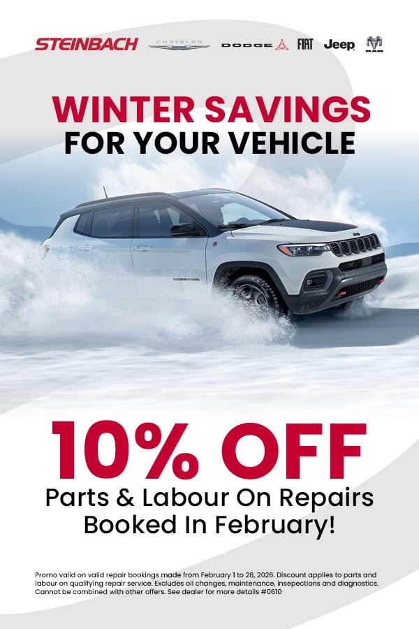 Winter service promotion from Steinbach Chrysler Dodge Jeep RAM Fiat featuring a white Jeep SUV in snow, offering 10% off parts and labour on repairs booked in February 2026.