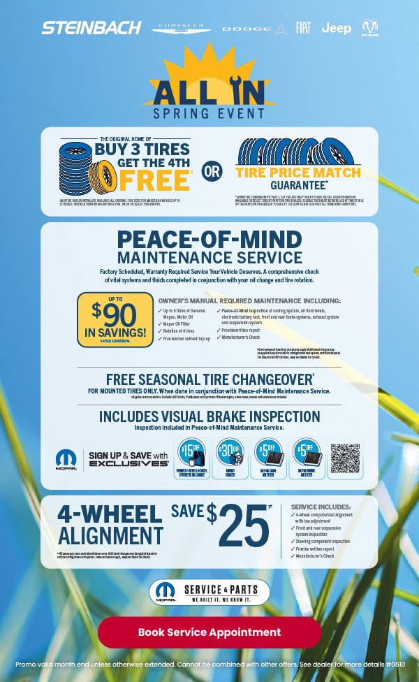 Automotive service promotion banner for Steinbach Chrysler Dodge Jeep Ram “All In Spring Event,” featuring tire deals like “Buy 3 tires get the 4th free” or “Tire Price Match Guarantee,” peace-of-mind maintenance service with up to $90 savings, free seasonal tire changeover, brake inspection, Mopar service offers, 4-wheel alignment saving $25, and “Book Service Appointment” call-to-action with detailed service inclusions and disclaimers.