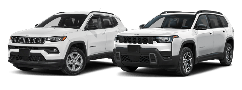 Two white Jeep Compass SUVs side by side on clean background, front three-quarter view highlighting grille, headlights, and compact SUV styling.