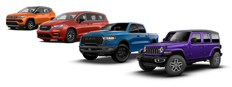 Lineup of Jeep, Chrysler, RAM vehicles including orange Jeep Compass, red Chrysler Pacifica minivan, blue RAM pickup truck, and purple Jeep Wrangler, showcasing diverse SUV, truck, and family vehicle options.