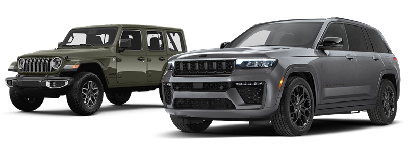 Two Jeep SUVs, one green Jeep Wrangler with a boxy design and one gray Jeep Grand Cherokee with a sleek, modern design.