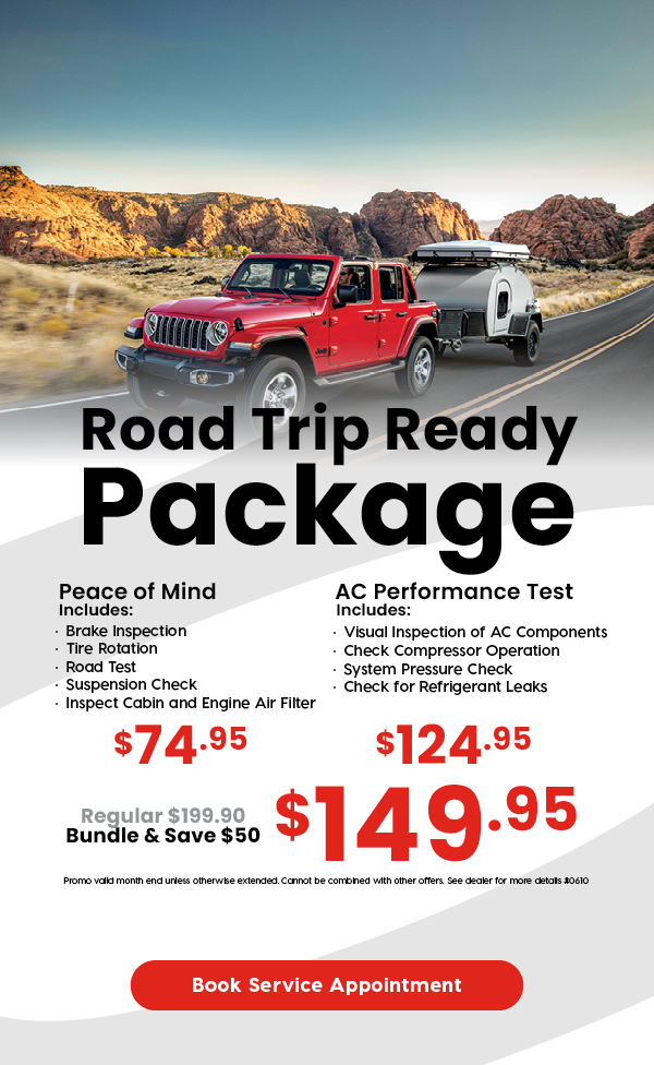 Red Jeep towing a trailer on a scenic road with text promoting a Road Trip Ready Package service bundle for $149.95.