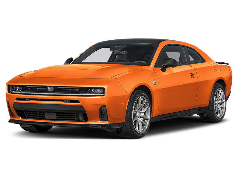 Orange muscle car with black roof and aggressive front grille, shown in a three-quarter front view.