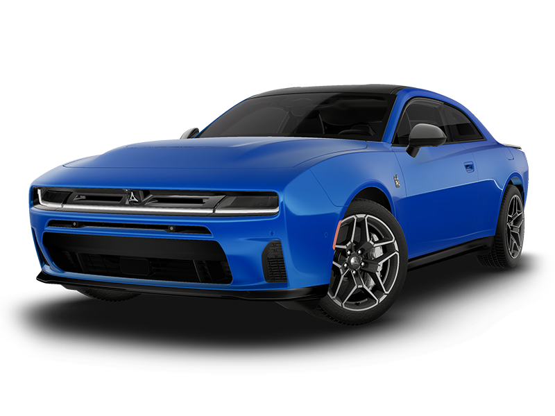 Blue Dodge Challenger sports car with aggressive front grille and black tinted windows, shown at a front three-quarter angle.